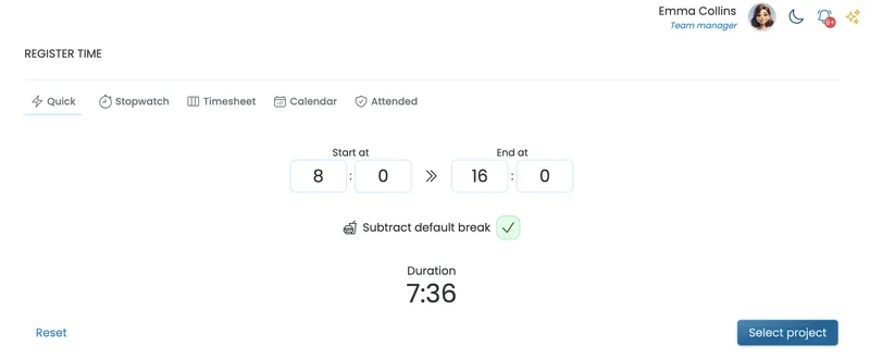 quick register time app