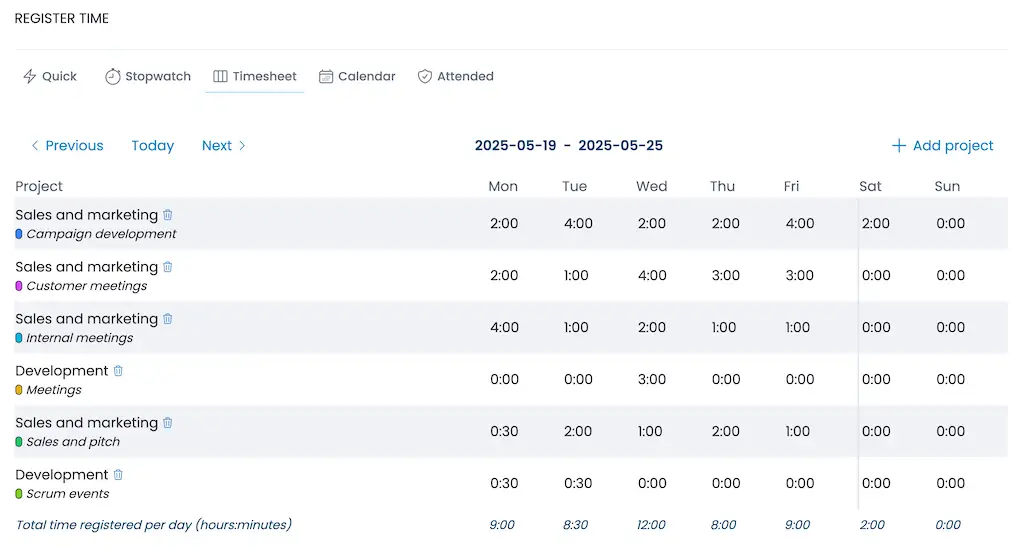 Screenshot of Nureti timesheet example