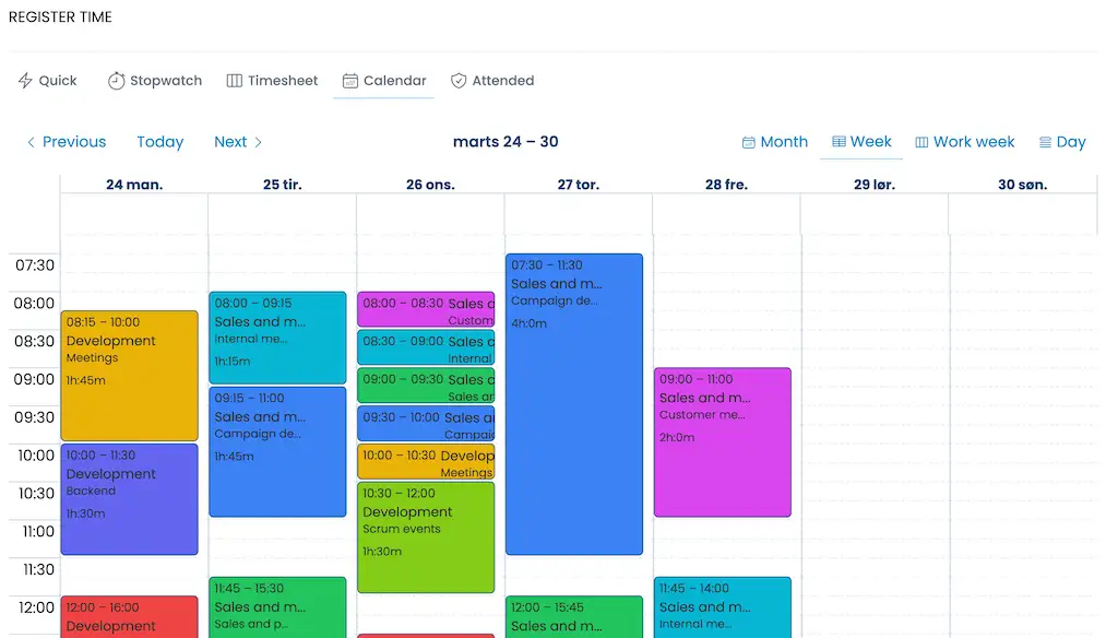 Accurate time tracking with calendar view